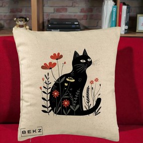 Perna Decorativa Pisica Neagra Flori Rosii Folk, 40x40 cm, Bej, Husa Detasabila, Perna Inclusa, BEKZ®