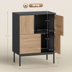 HOMCOM Sideboard cu uși push-to-open, dulap pentru sufragerie cu picioare metalice, dulap de bucătărie, MDF, Negru+lemn natural | Aosom Romania
