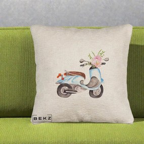 Perna Decorativa Scuter Albastru cu Flori Acuarela, 40x40 cm, Bej Canapea, Husa Detasabila, Perna Inclusa, BEKZ®