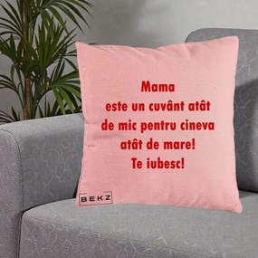 Cadou pentru Mama - Perna Personalizata Mama Cuvant Mic, 40x40 cm, Roz, Husa Detasabila, Perna Inclusa, BEKZ®