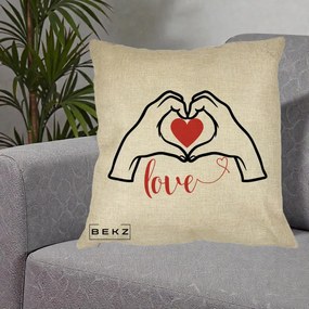 Perna Decorativa Love Maini Inima cu Inscriptie Love Rosu, 40x40 cm, Crem, Husa Detasabila, Perna Inclusa, BEKZ®