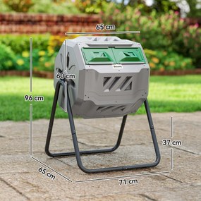 Outsunny Compostor Rotativ cu 2 Secțiuni și 8 Prize de Aerisire din Oțel și PP, 160L, 71x65x96 cm, Gri | Aosom Romania