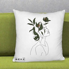Perna Decorativa Portret Feminin Crin Verde, 40x40 cm, Alb Pufos, Husa Detasabila, Perna Inclusa, BEKZ®