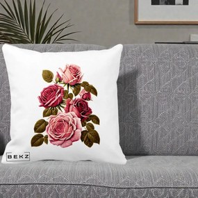 Perna Decorativa Trandafiri Vintage Roz-Rosii, 40x40 cm, Alba Mata, Husa Detasabila, Perna Inclusa, BEKZ®