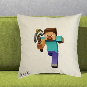 Perna Personalizata Minecraft Steve, 40x40 cm, Ecru, Husa Detasabila, Perna Inclusa, BEKZ®