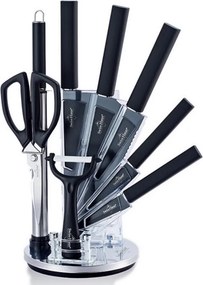 Set de cutite cu suport Swiss Haus SH-KSL9B, 9 piese, Manere antiderapante, Otel inoxidabil, Negru