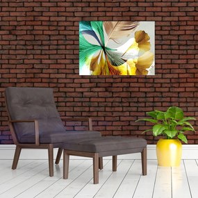 Tablou pe sticlă - Frunze cu pană (70x50 cm)