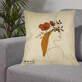 Perna Decorativa Portret Feminin Maci Rosii Auriu, 40x40 cm, Crem, Husa Detasabila, Perna Inclusa, BEKZ®
