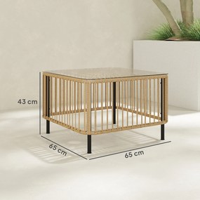 Outsunny Masă de grădină din Polyrattan, 65 x 65 x 43 cm, masă laterală rezistentă la intemperii, pătrată, cu blat din sticlă, lemn natural | Aosom Romania