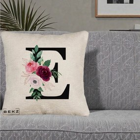 Cadou Personalizat - Perna Personalizata Monograma Florala Litera E, 40x40 cm, Bej Canapea, Husa Detasabila, Perna Inclusa, BEKZ®