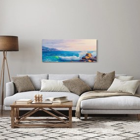 Tablou - Valuri lovind stânci, pictură în ulei (120x50 cm)