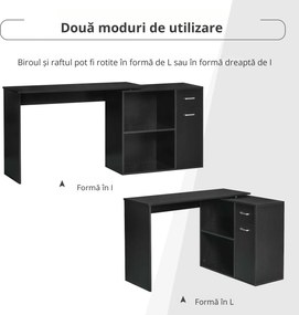 HOMCOM Birou de Colț pentru Studiu cu 2 Sertare și 2 Rafturi, Birou Modern din Lemn, 117x82x74 cm, Negru | Aosom Romania