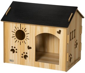 PawHut Hundehütte, cu deschideri pentru ventilare, rezistent la intemperii, din material lemnos, Negru+Culoare lemn, 69 x 50 x 58,5 cm | Aosom Romania