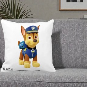 Perna Personalizata Chase PAW Patrol Albastru, 40x40 cm, Alba Mata, Husa Detasabila, Perna Inclusa, BEKZ®