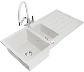 Mexen Andres Chiuvetă de granit de 1,5 compartiment cu picurător și baterie de bucătărie Duo, Albă - 6515-20-671701-02