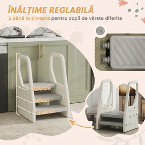AIYAPLAY Turnuleț pentru Copii 2-5 Ani cu 3 Trepte Reglabile și Tălpi Antiderapante, 43x42x65,5 cm, Gri | Aosom Romania