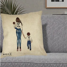 Cadou pentru Mama - Perna Personalizata Mom of Boys Mama cu Baietii, 40x40 cm, Crem, Husa Detasabila, Perna Inclusa, BEKZ®