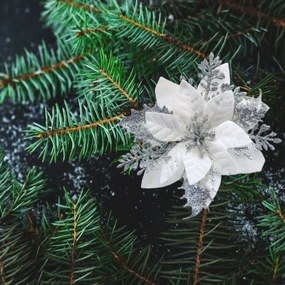 Decorațiuni de Crăciun Poinsettia cu cleșteargintiu, set de 6 bucăți