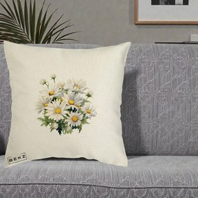 Perna Decorativa Buchet Margarete Albe Acuarela, 40x40 cm, Ecru, Husa Detasabila, Perna Inclusa, BEKZ®