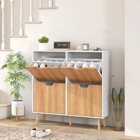 HOMCOM Dulap pentru pantofi 4 uși rabatabile 16 perechi cu etajeră reglabilă picioare din lemn de pin 95 x 26 x 95 cm natural | Aosom Romania