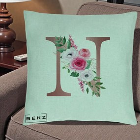 Cadou Personalizat - Perna Personalizata Monograma Rose Gold Litera N, 40x40 cm, Verde Menta, Husa Detasabila, Perna Inclusa, BEKZ®