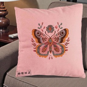 Perna Decorativa Fluture Boho Floral, 40x40 cm, Roz, Husa Detasabila, Perna Inclusa, BEKZ®