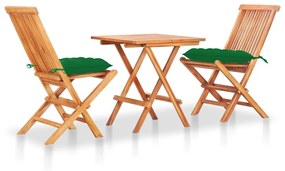 3063245 vidaXL Set bistro 3 piese cu perne verde, lemn masiv de tec