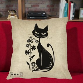 Perna Decorativa Pisica Neagra Grafica Minimalista, 40x40 cm, Crem, Husa Detasabila, Perna Inclusa, BEKZ®