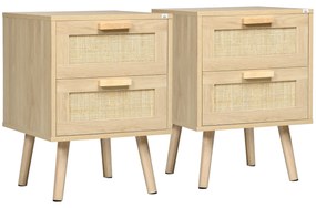 HOMCOM Set 2 Noptiere Boho Elegante, Mobilier Dormitor cu 2 Sertare, 40x40x56cm, Lemn Natural | Aosom Romania