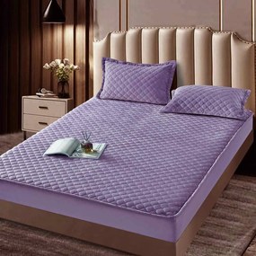 Husa de pat matlasata si 2 fete de perne din catifea, cu elastic, model tip topper, pentru saltea 160x200 cm, mov, HTC-42