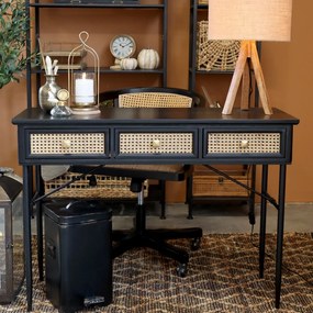 Birou din lemn masiv si rattan, cu 3 sertare, Old French