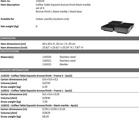 Set de 4 masute de cafea design LUX Esposito, bronz/ marmura neagra