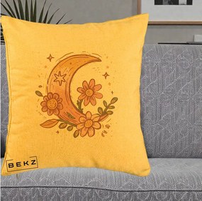 Perna Decorativa Luna Florala Boho, 40x40 cm, Galben, Husa Detasabila, Perna Inclusa, BEKZ®
