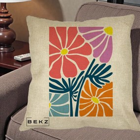 Perna Decorativa Flori Grafice Roz-Orange-Albastru, 40x40 cm, Crem, Husa Detasabila, Perna Inclusa, BEKZ®