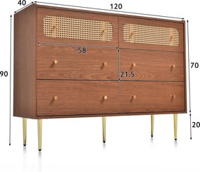 Comodă vintage cu 6 sertare și detalii din ratan, mânere din metal pentru dormitor și living, 120x40x90 cm, Culoare naturală