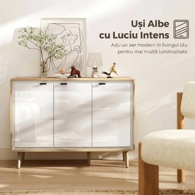 HOMCOM Bufet Modern cu 3 Uși și Raft Reglabil 107x35x77cm Alb și Stejar | Aosom Romania