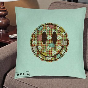 Perna Decorativa Smiley Face de Toamna cu Tartan si Dovlecei, 40x40 cm, Verde Menta, Husa Detasabila, Perna Inclusa, BEKZ®