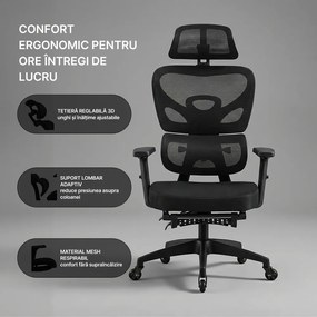Scaun ergonomic, cotiere 3D, suport lombar adaptiv, spătar reglabil pe inaltime, tetiera 3D, suport pentru picioare, pivotant, Mesh, Negru
