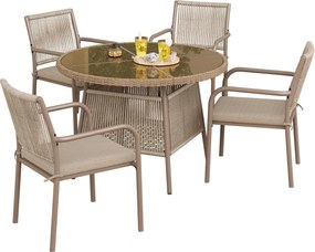 Set mobilier de grădină modern, 5 piese, masă rotundă cu blat din sticlă securizată, 4 scaune cu brațe cu spătar din sfoară, Maro