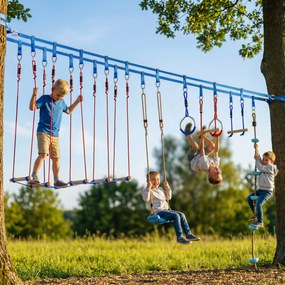 AIYAPLAY Ninja Line Set Slackline copii 24 m cu inele gimnastice, 7 obstacole, bară de cățărat, pod de echilibru pentru 3-6 ani Roșu+Albastru | Aosom Romania