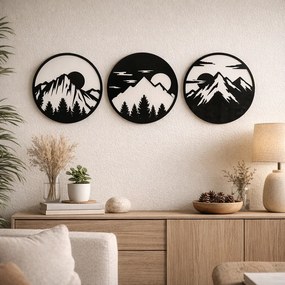 Set 3 modele decorative cu munți, brazi și soare în compoziții circulare