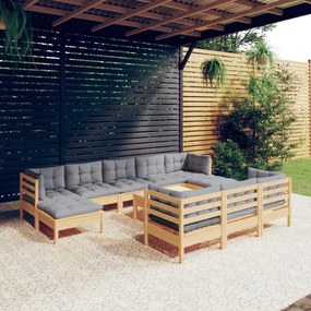 3097144 vidaXL Set mobilier grădină cu perne, 11 piese, gri, lemn masiv pin