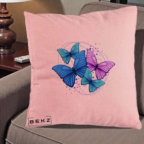 Perna Decorativa Patru Fluturi Turcoaz-Violet, 40x40 cm, Roz, Husa Detasabila, Perna Inclusa, BEKZ®