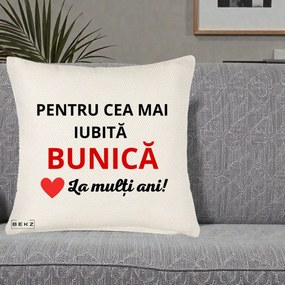 Cadou pentru Bunica - Perna Personalizata Pentru Cea Mai Iubita Bunica La Multi Ani Rosu, 40x40 cm, Crem Reliefat, Husa Detasabila, Perna Inclusa, BEKZ®