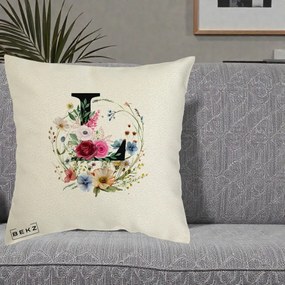 Cadou Personalizat - Perna Personalizata Monogram Litera L cu Flori Acuarela, 40x40 cm, Ecru, Husa Detasabila, Perna Inclusa, BEKZ®