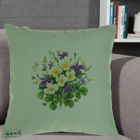 Perna Decorativa Viorele Iris Violet si Trifoi, 40x40 cm, Verde, Husa Detasabila, Perna Inclusa, BEKZ®