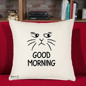 Perna Decorativa Pisica Morocanoasa Good Morning, 40x40 cm, Crem Reliefat, Husa Detasabila, Perna Inclusa, BEKZ®