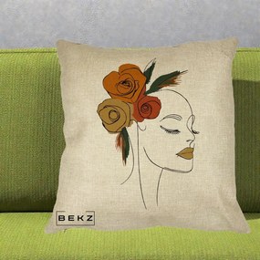 Perna Decorativa Portret Feminin Trandafiri Ruginii, 40x40 cm, Crem, Husa Detasabila, Perna Inclusa, BEKZ®