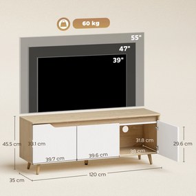 HOMCOM Suport TV, Mobilier TV pentru Televizoare de până la 55", cu 3 Compartimente și Raft Reglabil, Mobilier pentru Living cu 5 Picioare din Lemn, Stejar și Alb | Aosom Romania