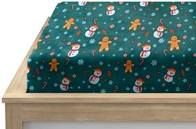 Cearsaf Cocolino microplus cu elastic SNOWMAN AND GINGERBREAD 200x200 cm verde